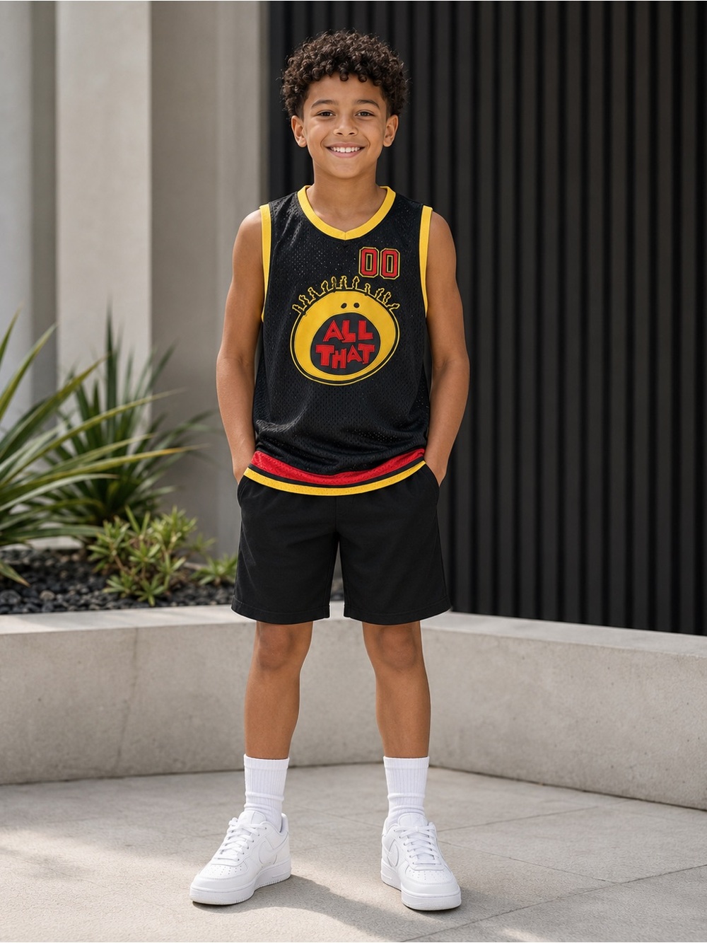 All That Boys' Black Mesh Basketball Jersey with Yellow & Red Trim